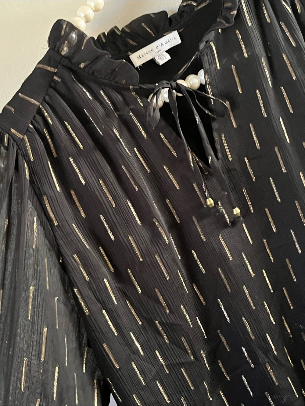 Maison d’Amélie Paris Black Gold Metallic Striped Ruffled Blouse Top Size Small - Picture 3 of 9